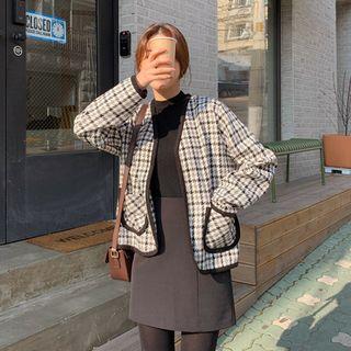 Open-front Piped Houndstooth Cardigan Black - One Size