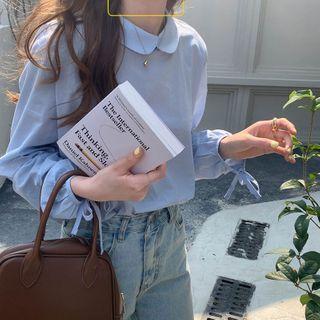 Lantern-sleeve Collared Plain Blouse