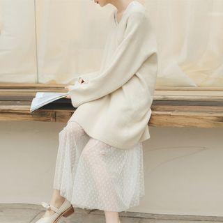 Set: Oversize V-neck Plain Knit Dress + Sleeveless Dotted Sheer Dress