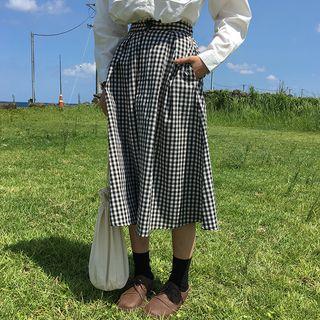 Check Elastic-waist Midi-skirt