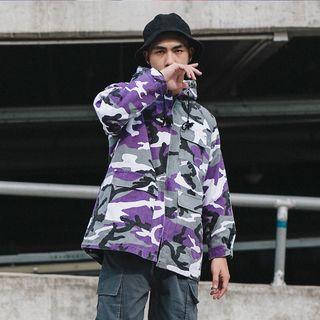 Lettering Camouflage Zipped Hooded Jacket