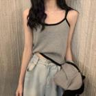 Set: Contrast Trim Cardigan + Spaghetti Strap Top Gray - One Size