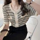 Short-sleeve Striped Knit Cardigan Almond - One Size
