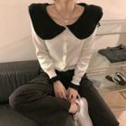 Two Tone Sailor-collar Button-up Knit Top