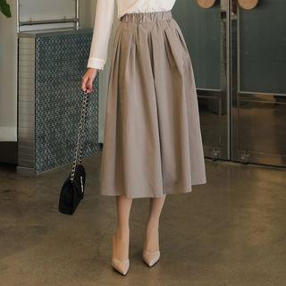 Band-waist Pintuck-trim Long Flare Skirt