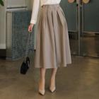 Band-waist Pintuck-trim Long Flare Skirt