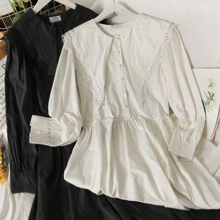 Plain Lace Button-up Pleated A-line Dress