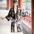 Swallow Embroidered A-line Skirt / Printed Tie-front Long-sleeve Wrap Top / Set