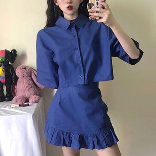 Plain Polo Neck Crop Shirt / Ruffle-trim Mini Skirt