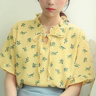 Tie-neck Frilled Floral Blouse