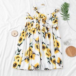 Daisy Print V-neck Spaghetti-strap High Waist A-line Dress