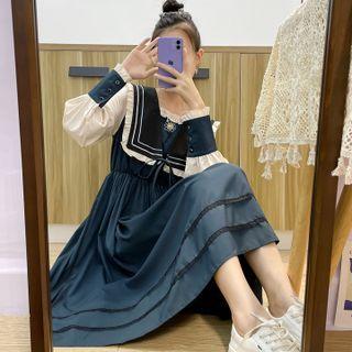 Lantern-sleeve Ruffled Midi A-line Dress