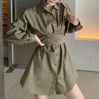 Set: Long-sleeve Mini Shirt Dress + Shorts