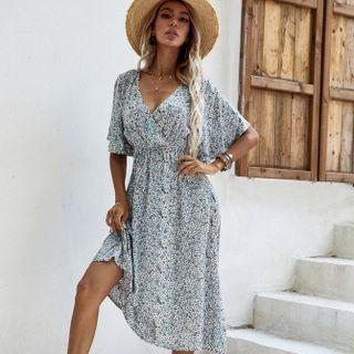 Short-sleeve V Neck Floral Print Chiffon A-line Dress