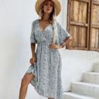 Short-sleeve V Neck Floral Print Chiffon A-line Dress