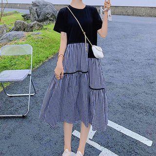 Short--sleeve Asymmetric Paneled Dress