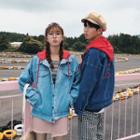 Couple Matching Letter Embroidered Hooded Denim Jacket