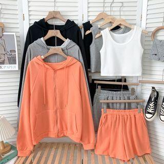 Set: Crop Tank Top + Wide-leg Sweatshorts + Hooded Jacket