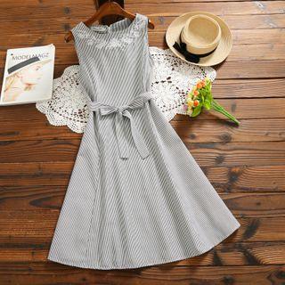 Sleeveless Embroidered Striped A-line Dress