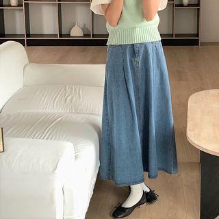 Washed Denim Midi A-line Skirt Blue - One Size