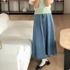 Washed Denim Midi A-line Skirt Blue - One Size