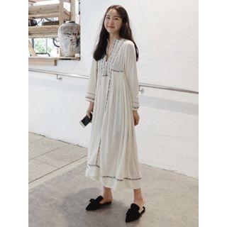 Open-placket Embroidered Long Dress