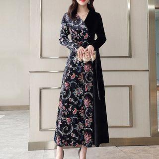 Flower Pattern Long-sleeve Maxi A-line Dress