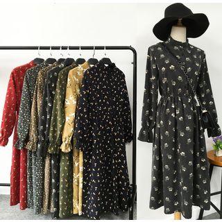 Long-sleeve Mock Neck Print Corduroy Midi A-line Dress