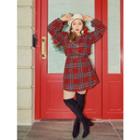 Jewel-button Plaid Blouse & Miniskirt Set