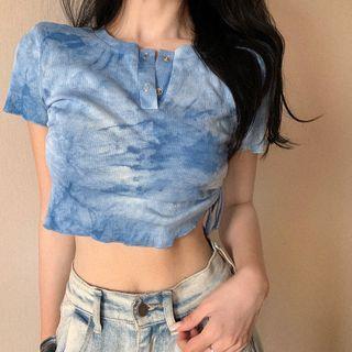 Short-sleeve Tie-dye Henley Crop Top Blue - One Size