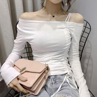 Cold-shoulder Drawstring Ruched Long-sleeve Top