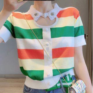Short Sleeve Collared Cutout Rainbow Stripe Knit Top