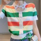 Short Sleeve Collared Cutout Rainbow Stripe Knit Top