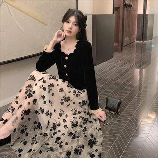 Lace Trim Scallop Edge Blouse / Floral Print Midi A-line Mesh Skirt
