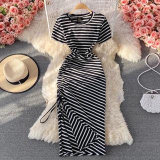 Short Sleeve Striped Drawstring T-shirt Dress