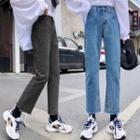 High Waist Frayed Straight-leg Jeans