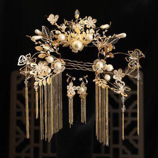 Set: Faux Pearl Alloy Flower Wedding Head Piece + Drop Earring