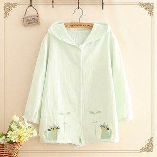 Cat Embroidered Hooded Long-sleeve Shirt
