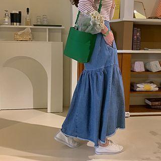 Band-waist Tiered-hem Denim Skirt Blue - One Size