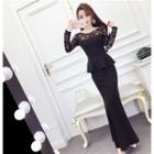 Gathered-waist Long-sleeved Slit-front Panel Lace Dress