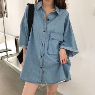 Polo Collar Oversize Denim Shirt Blue - One Size