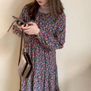 Flower Print Long-sleeve Midi Shift Dress Pink & Yellow Flower - Blue - One Size
