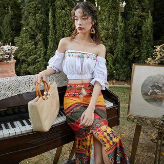 Set: Off-shoulder Tasseled Cropped Blouse + Patterned Midi A-line Skirt