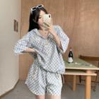 Elbow-sleeve Checkerboard Zip-up Top / Shorts