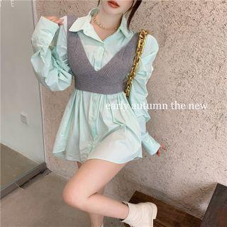 Deep V-neck Knit Vest / Details Puff-sleeve Mini Shirtdress