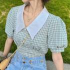 Puff-sleeve Checked Wide-collar Blouse