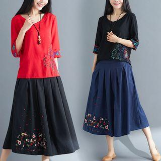 Set: Elbow-sleeve Embroidered Top + Midi Skirt