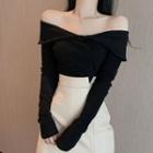 Long-sleeve Off-shoulder Top / Faux Leather High-waist Mini Fitted Skirt
