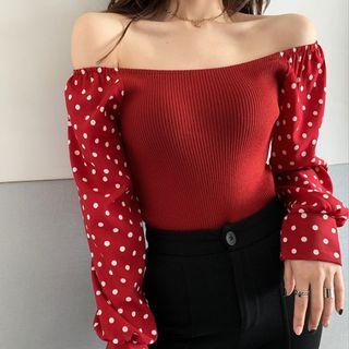 Dotted Panel Off-shoulder Long-sleeve Knit Top