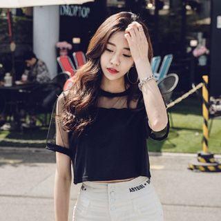 Short-sleeve Mesh Panel Cropped T-shirt